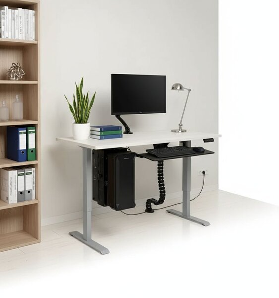 Výškově nastavitelný stůl OfficeTech D, 140 x 80 cm, šedá podnož, bílý jasan