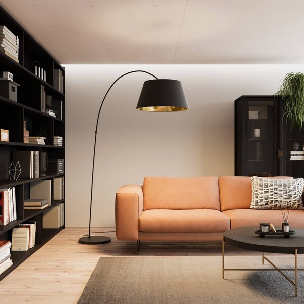 Lindby Stojací lampa Esti, černá/zlatá, látka, výška 192 cm, Černá, Obývací pokoj / jídelna, Textil / tkanina / hedvábí, Moderní