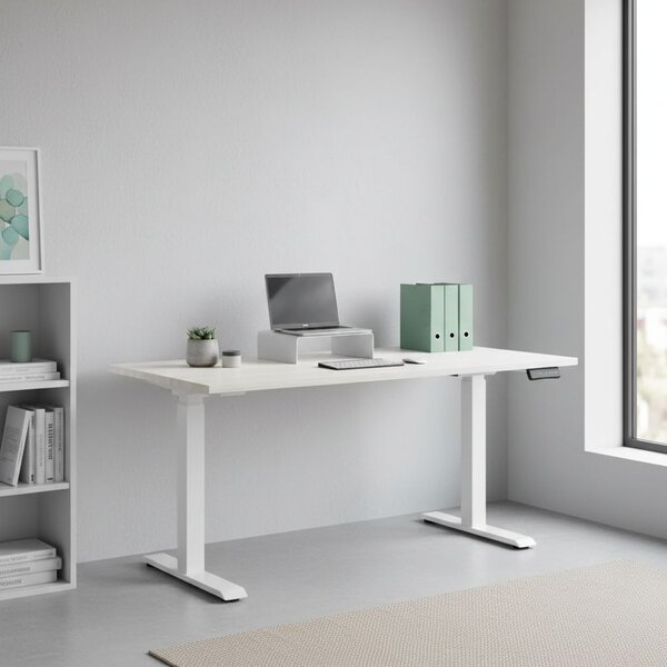 Výškově nastavitelný stůl OfficeTech D, 160 x 80 cm, bílá podnož, bílý jasan