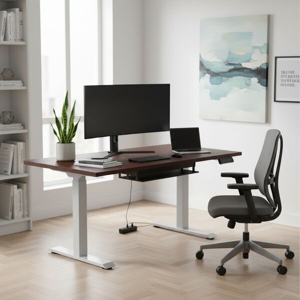 Výškově nastavitelný stůl OfficeTech D, 140 x 80 cm, šedá podnož, wenge