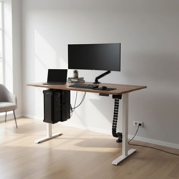 Výškově nastavitelný stůl OfficeTech D, 140 x 80 cm, šedá podnož, dub silverjack