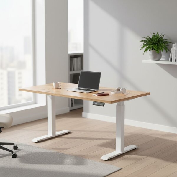 Výškově nastavitelný stůl OfficeTech C, 120 x 80 cm, bílá podnož, dub kraft