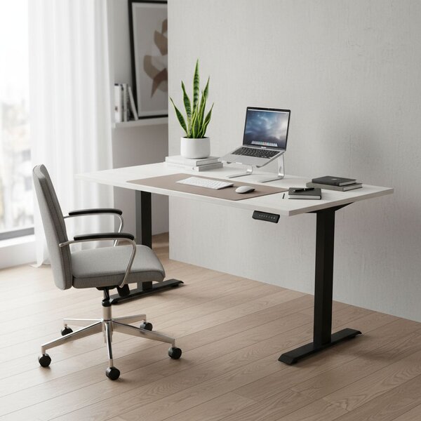Výškově nastavitelný stůl OfficeTech B, 160 x 80 cm, černá podnož, bílý jasan