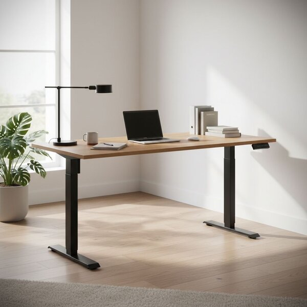 Výškově nastavitelný stůl OfficeTech B, 160 x 80 cm, černá podnož, dub kamenný