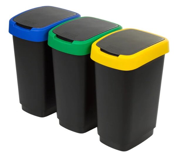 Černé odpadkové koše v sadě 3 ks na tříděný odpad z recyklovaného plastu 25 l Twist – Rotho