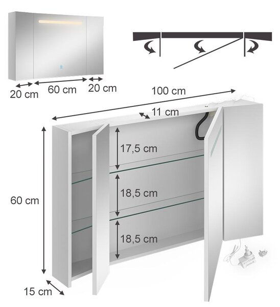 Koupelnová zrcadlová skříňka Vicco Curved Bílá 100 x 60 cm, Model 62178