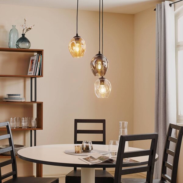 EMIBIG LIGHTING Závěsné světlo Starla, sklo grafit/jantar/čiré, 3-bodové kulaté, stmívatelný, Černá, Obývací pokoj / jídelna, Sklo, Moderní