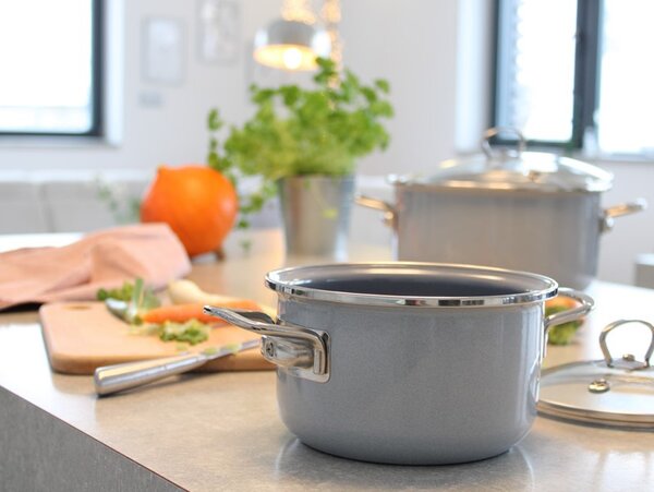 BELIS Smaltovaný rendlík se skl. poklicí PREMIUM šedý 16 cm/1,25l