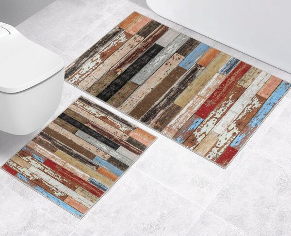 Kvalitex Koupelnová a WC předložka bez výkroje Dřevěná podlaha 3D SADA 60 x 100 cm + 60 x 50 cm