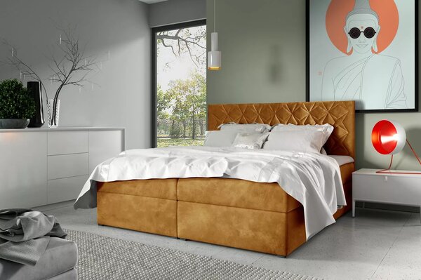 Postel boxspring s prošívaným čelem EUGEN - 120x220, žlutá + topper ZDARMA