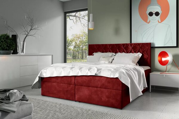 Postel boxspring s prošívaným čelem EUGEN - 120x220, červená + topper ZDARMA