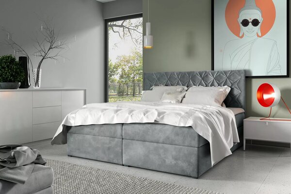 Postel boxspring s prošívaným čelem EUGEN - 120x220, šedá + topper ZDARMA