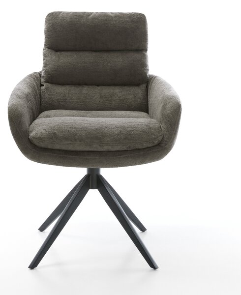 DELIFE Jídelní židle Abelia-Flex s područkami bouclé měkký tmavě béžová křížová podnož široká černá otočný 360° houpací funkce