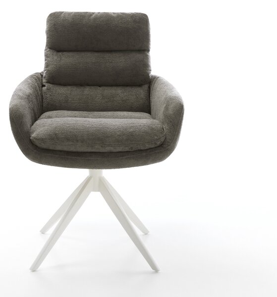 DELIFE Jídelní židle Abelia-Flex s područkami bouclé měkký tmavě béžová křížová podnož široká bílá otočný 360° houpací funkce