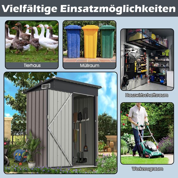 Kovový zahradní domek COSTWAY, 150 x 90,5 x 185 cm | 1,5 m³, kůlna na nářadí s jednoplášťovou střechou a dveřmi, uzamykatelná kůlna na nářadí, venkovní zahradní domek tmavě šedý