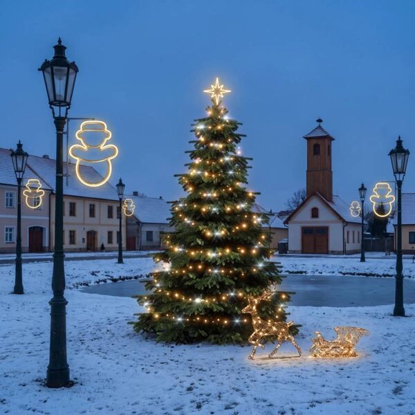 Vianočná sada pre obce: Snehuliak, strom 3–5 m Flash, 6× snehuliak na verejné osvetlenie, 3D LED jeleň so saniami 180 cm, teplá biela