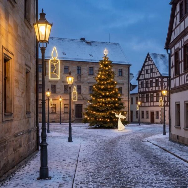 Vianočná sada pre obce: sviečka, stromček 3–5 m, 7× sviečka na verejné osvetlenie, 3D LED anjel 122 cm, teplá biela