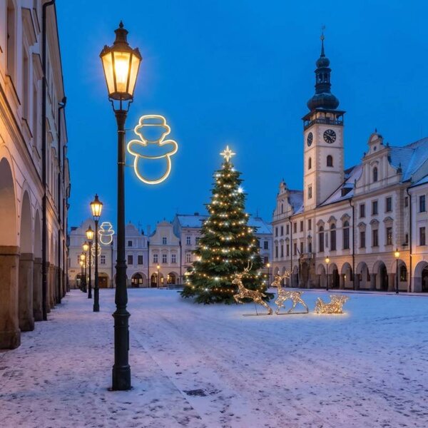 Vianočná sada pre obce: Snehuliak, strom 3–5 m Flash, 6× snehuliak na verejné osvetlenie, 3D LED jeleň so saniami 180 cm, teplá biela