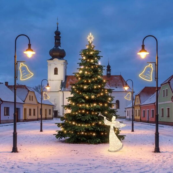 Vianočná sada pre obce: Zvonček, strom 3–5 m, 7× zvonček na verejné osvetlenie, 3D LED anjel 122 cm, teplá biela