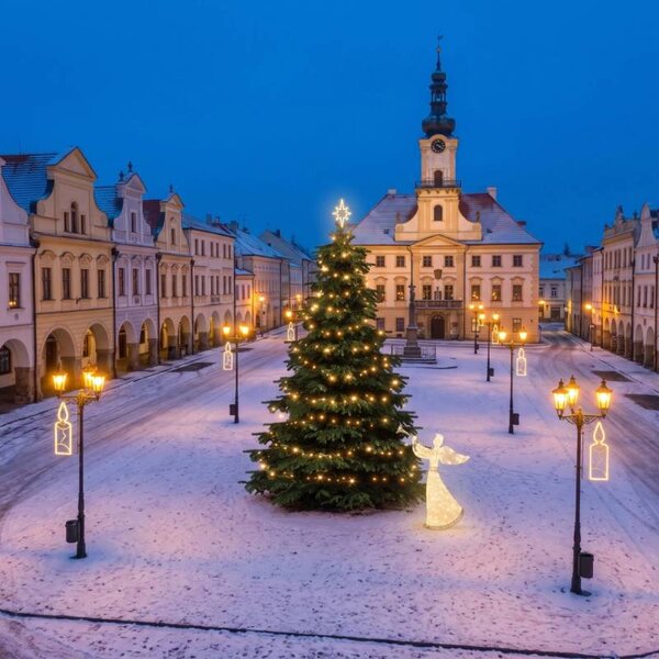 Vianočná sada pre obce: sviečka, stromček 3–5 m, 7× sviečka na verejné osvetlenie, 3D LED anjel 122 cm, teplá biela