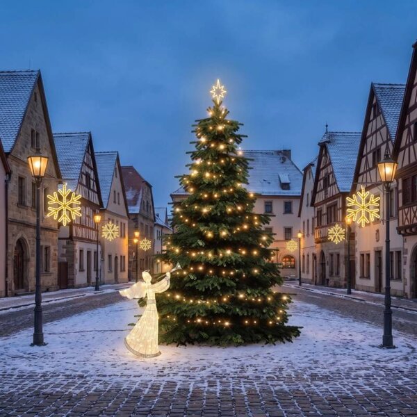 Vianočná sada pre obce „Snehová vločka VI“, strom 3–5 m, 8× „Snehová vločka VI“ na verejné osvetlenie, 3D LED anjel 122 cm, teplá biela