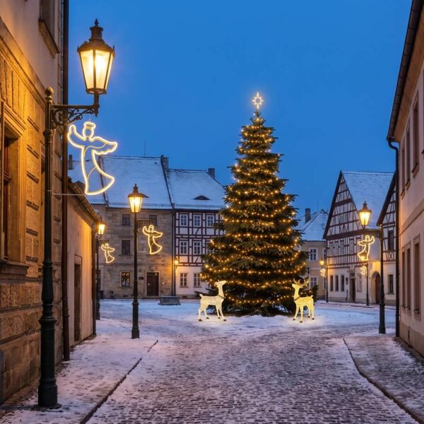 Vianočná sada pre obce: Anjel 8 m, strom 6–8 m, 7× anjel na verejné osvetlenie, 3D LED jeleň a laň 150 cm, teplá biela