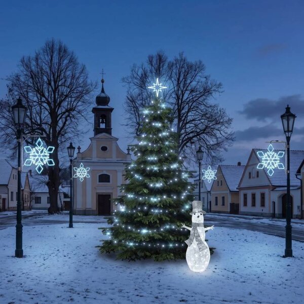 Vianočná sada pre obce „Ľadová vločka IX“, strom 3–5 m „Flash“, 6× vločka IX na verejné osvetlenie, 3D LED snehuliak 107 cm, ľadovo biela