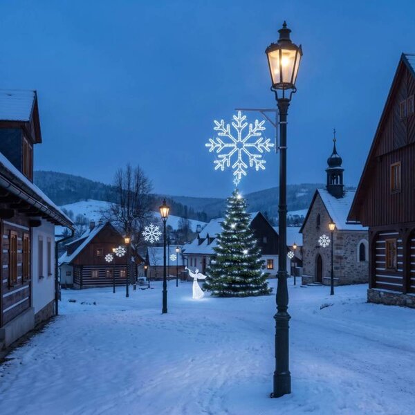 Vianočná sada pre obce „Ľadová vločka II“, strom 6–8 m „Flash“, 7× vločka II na verejné osvetlenie, 3D LED anjel 122 cm, ľadovo biela