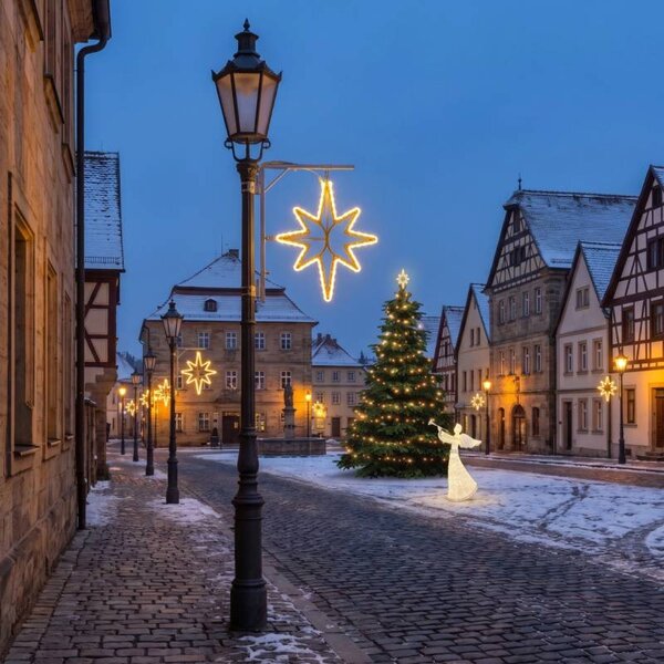 Vianočná sada pre obce: hviezda, strom 3–5 m, 9× hviezda na verejné osvetlenie, 3D LED anjel 122 cm, teplá biela
