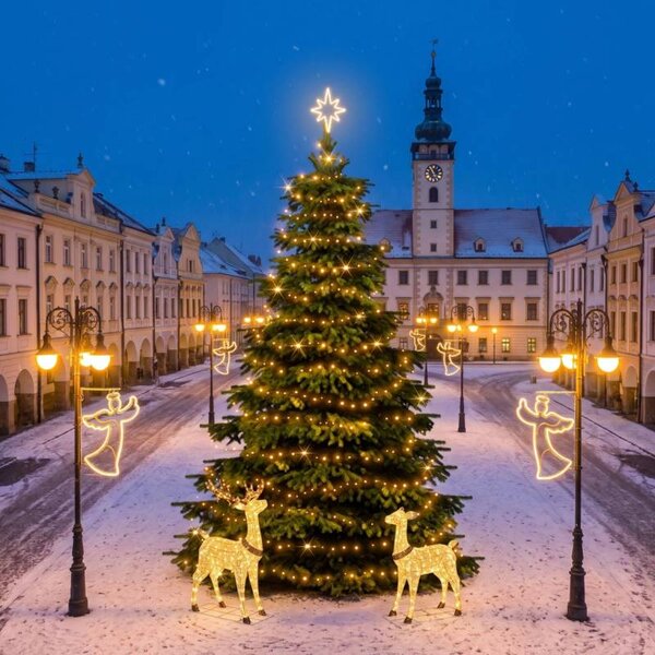 Vianočná sada pre obce: Anjel 8 m, strom 6–8 m, 7× anjel na verejné osvetlenie, 3D LED jeleň a laň 150 cm, teplá biela