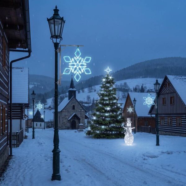 Vianočná sada pre obce „Ľadová vločka IX“, strom 3–5 m „Flash“, 6× vločka IX na verejné osvetlenie, 3D LED snehuliak 107 cm, ľadovo biela