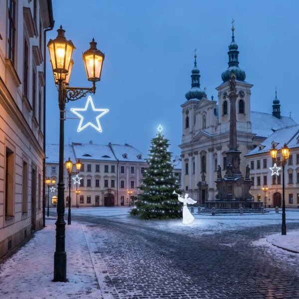 Vianočná sada pre obce „Ľadová hviezda“, strom 3–5 m, 7× hviezda na verejné osvetlenie, 3D LED anjel 122 cm, ľadovo biela