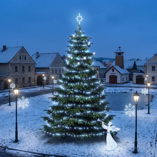 Vianočná sada pre obce „Ľadová vločka II“, strom 6–8 m „Flash“, 7× vločka II na verejné osvetlenie, 3D LED anjel 122 cm, ľadovo biela