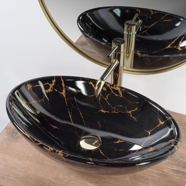 Rea Pamela Black Marble Shiny, umyvadlo na desku 530x330x150 mm, černá lesklá-vzor black marble, REA-U5067
