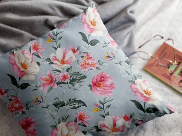 Ervi povlak na polštář Bavlněný - Magnolia a lilia na šedém