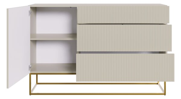 Selsey VELDIO - Komoda se 3 zásuvkami, šedobéžová taupe se zlatým kovovým rámem, šířka 140 cm