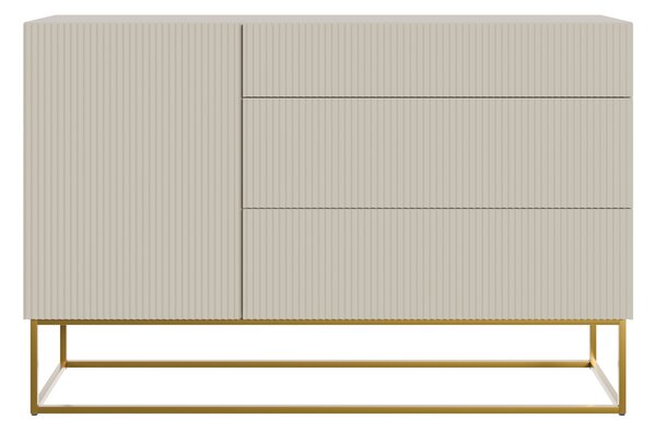 Selsey VELDIO - Komoda se 3 zásuvkami, šedobéžová taupe se zlatým kovovým rámem, šířka 140 cm