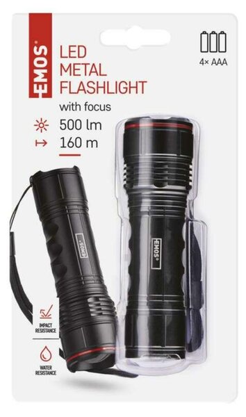 EMOS LED svítilna kovová, 500 lm, 4× AAA, FOKUS P3115