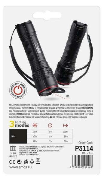EMOS LED svítilna kovová, 330 lm, 3× AAA, FOKUS P3114