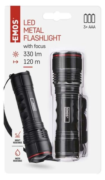 EMOS LED svítilna kovová, 330 lm, 3× AAA, FOKUS P3114