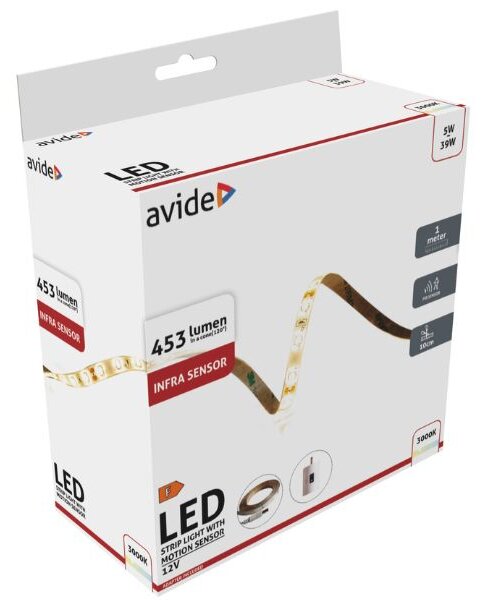 Set: voděodolný LED pásek 5W 453lm, teplá, 1m s infra čidlem pohybu a zdrojem