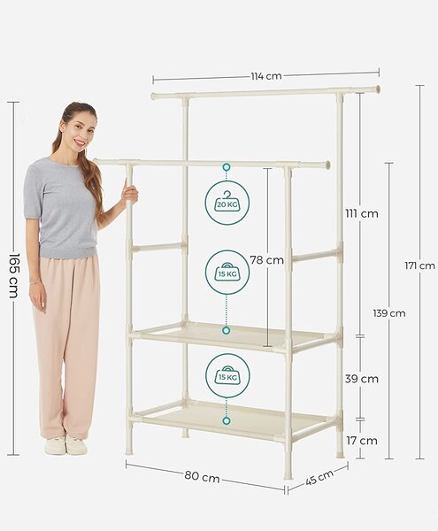 SONGMICS Dvojitý šatní věšák Lucaro 171 cm bílý