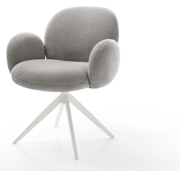 DELIFE Jídelní židle Nube-Flex s područkami potahová látka Měkký šedá křížová podnož široká bílá 360° otočný houpací funkce taštičkové pružiny