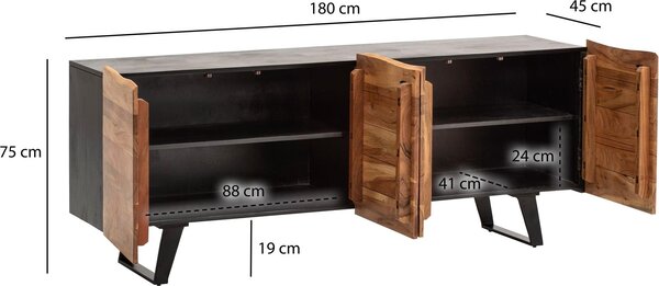 FineBuy Komoda z masivního akáciového dřeva 180 cm 4 dveře – masivní retro komoda s okrajem stromu – designový přírodní příborník – ručně vyrobený v industriálním stylu