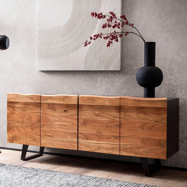 FineBuy Komoda z masivního akáciového dřeva 180 cm 4 dveře – masivní retro komoda s okrajem stromu – designový přírodní příborník – ručně vyrobený v industriálním stylu