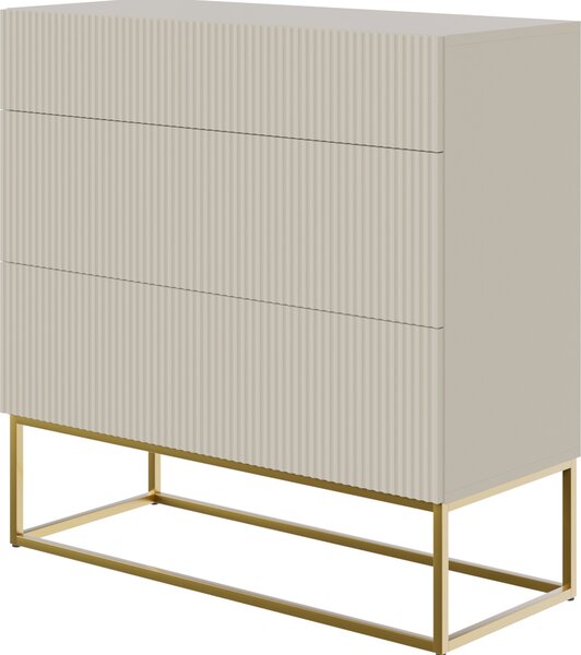 Selsey VELDIO - Komoda se 3 zásuvkami, šedobéžová taupe se zlatým kovovým rámem, šířka 90 cm