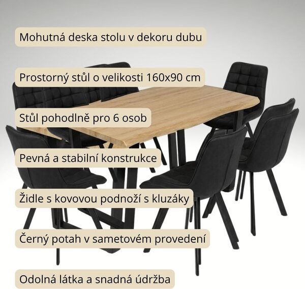 Vikio Jídelní set pro 6 osob 160x90 cm dub noha U černá židle VJS156-6C-S