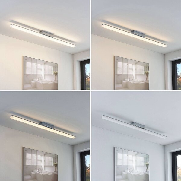 Lindby LED stropní koupelnové svítidlo Levke, 100 cm, stmívatelné, IP44, stmívatelný, Bílá / opál, Koupelna, kov, Moderní