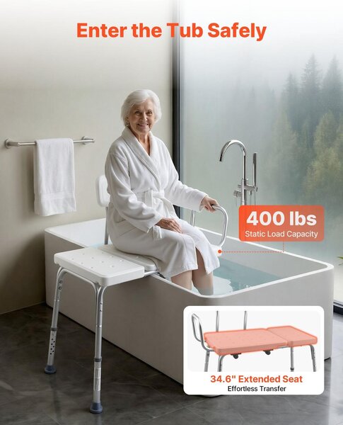 Přestupní lavice do vany, odolná sprchová židle s nosností 180 kg, s područkami, opěrkou zad a otvorem pro sprchový závěs; výškově nastavitelná sprchová lavice pro dospělé, seniory a osoby se zdravotním postižením