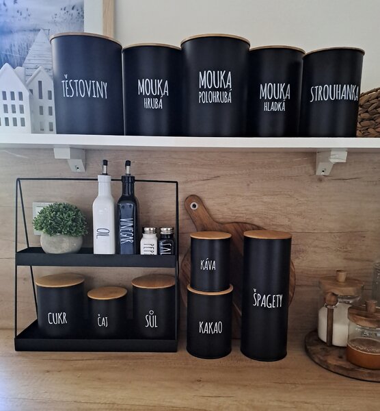 Orion Dóza na potraviny, plechová, černá, s bambusovým víkem, 2,3l, MOUKA HLADKÁ